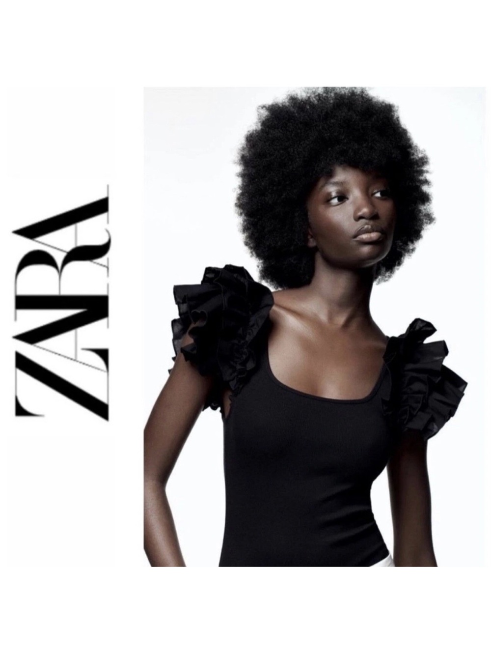 Zara Black Ribbed Ruffle-Sleeve Bodysuit